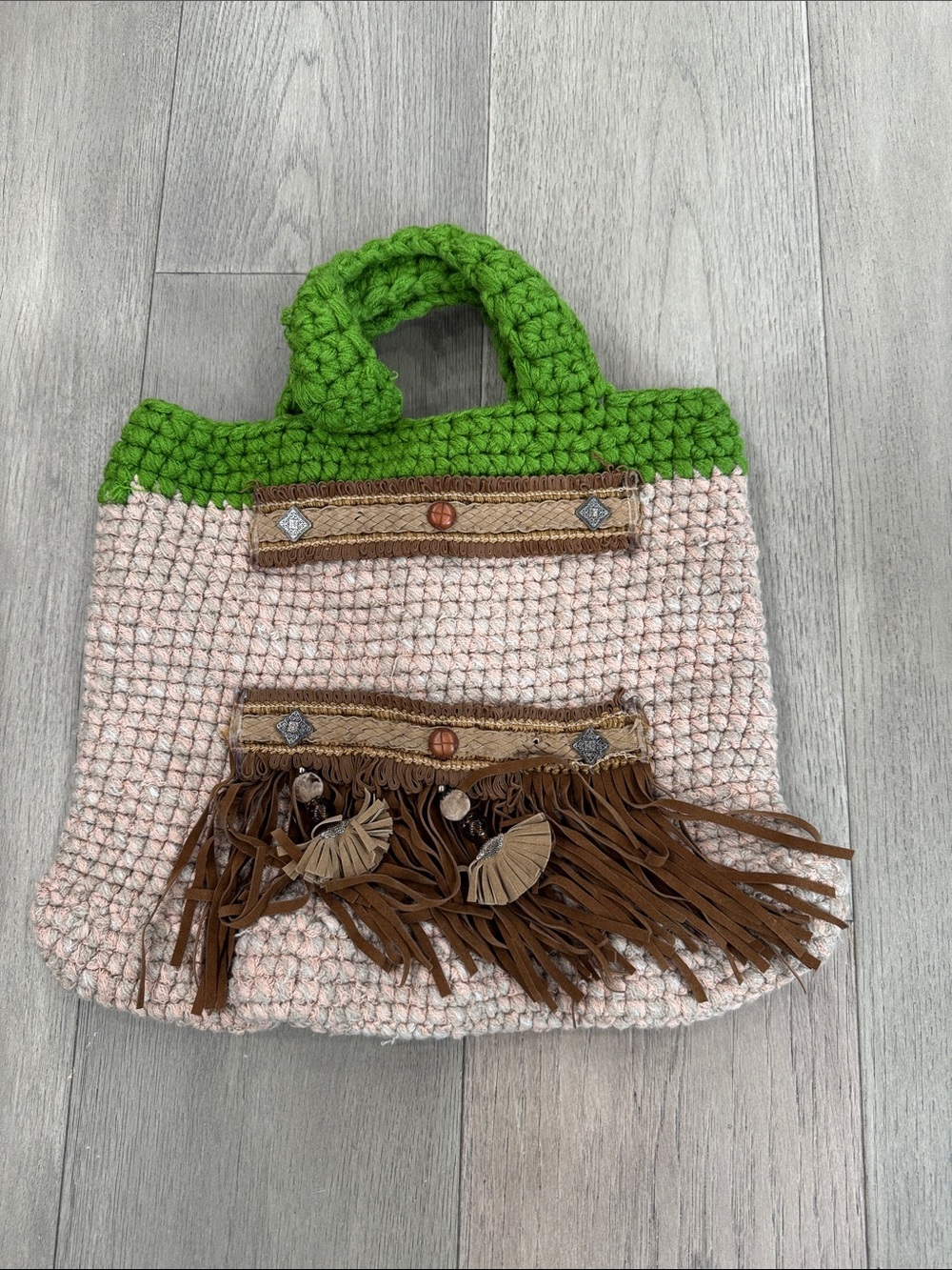 Handcrafted Pink and Green Crochet Tote with Fringe Accent